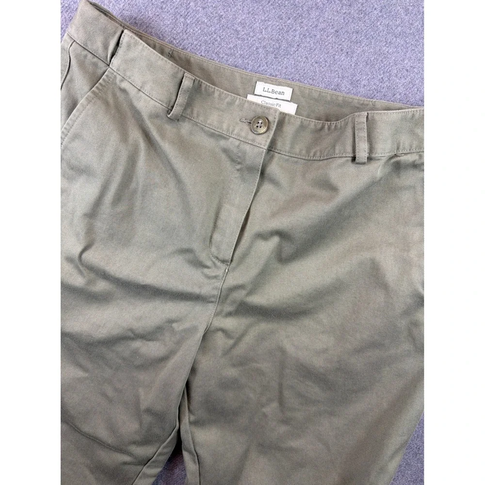 LL Bean Chino Pants Women 12P Olive Green Classic Fit Straight Leg Stretch Waist
